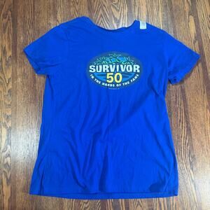 Survivor Season 50 Port & Company Blue T-Shirt In The Hands Of The Fans Crew L